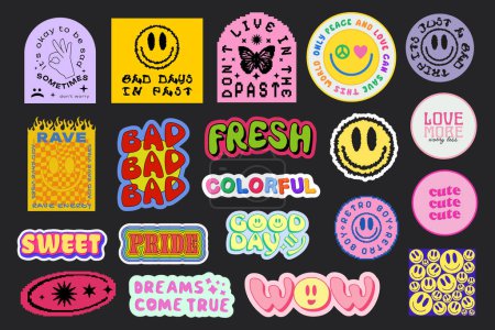Illustration for Set Of Cool Trendy Groovy Stickers Vector Design. Pop Art patches. Y2K Badges. - Royalty Free Image