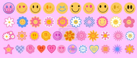 Illustration for Cool Y2K Stickers Vector Pack. Set of Trendy Groovy Patches. Pop Art Smile Emoji Labels. Vaporwave 2000s Graphics. - Royalty Free Image