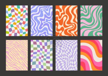 Illustration for Cool Groovy Pattern Posters Collection. Set of Y2K Textures. Trendy Abstract Geometric 90s Backgrounds. Funky Retro Vintage Backdrops. - Royalty Free Image