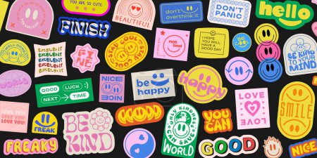 Illustration for Cool Groovy Stickers Background. Y2k Patches Collage. Pop Art Illustration Vector Design. Funky Pattern. - Royalty Free Image