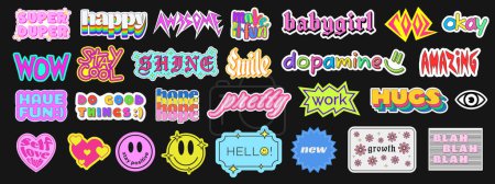 Set of Cool Trendy Stickers with Phrases. Cute Patches Collection Vector Design. 