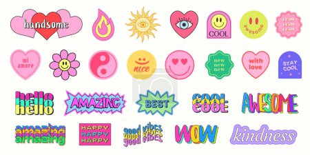 Illustration for Set of Cool Y2K Smile Stickers Vector Design. Trendy Pop Art Patches. - Royalty Free Image
