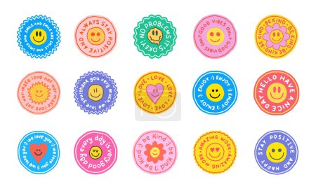 Illustration for Set Of Cool Cute Hand Drawn Stickers Vector Design. Trendy Emoji Patches Collection. Comic Pop Art Emoticons. - Royalty Free Image