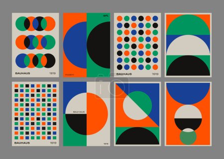 Illustration for Set Of Abstract Geometric Printable Posters. Cool Bauhaus Minimalist Backgrounds. Retro Covers with Shapes. Swiss Design Pattern. - Royalty Free Image