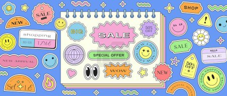 Cool Sale Stickers Collage Vector Design Banner. Trendy Y2k Special Offer Shop Patches Illustration. 