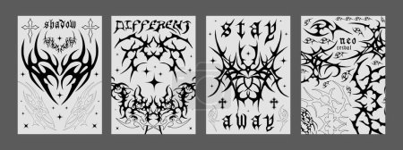Set Of Neo Tribal Posters. Cyber Sigilism Tattoo Shape Placards. Cool Metal Album Covers.