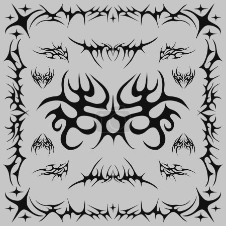 Téléchargez les illustrations : Cyber Sigilisme Tattoo Frame Vector Design. Cool Metal rétro gothique fond néo-tribal. - en licence libre de droit