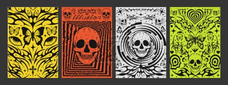 Ensemble de Cool Cyber Sigilism Affiches Design vectoriel. Collection d'estampes de Streetwear d'art gothique néo-tribal. Symboles de signe de tatouage.