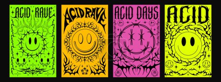 Ensemble d'affiches de rave d'acide néo-tribal. Plaques de forme de tatouage Cyber Sigilism. Couvertures d'album en métal cool.