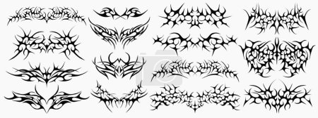 Téléchargez les illustrations : Collection De Grunge Y2k Tattoo Streetwear Graphic Elements. Néo-Tribal Gothique Cyber Sigilisme Formes Conception vectorielle. - en licence libre de droit