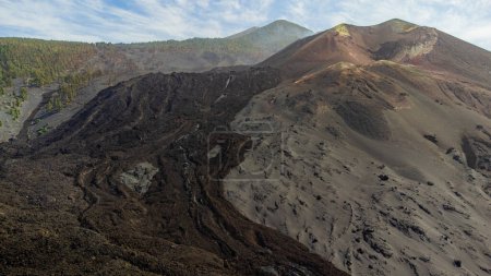 Photo for Aerial drone view of the Tajogaite volcano, with its dry lava flow and crater, on the island of La Palma - Royalty Free Image
