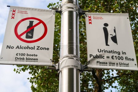 Amsterdam, Netherlands. September 2022. Prohibition signs on Rembrandt Square in Amsterdam. High quality photo