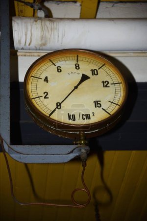 Medemblik, Netherlands. February 28, 2024. Elements and gauges of an old steam engine. High quality photo