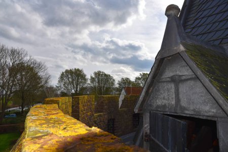 Medemblik, Netherlands. March 29, 2024. the roof construction with cantaloupes of an old castle. High quality photo