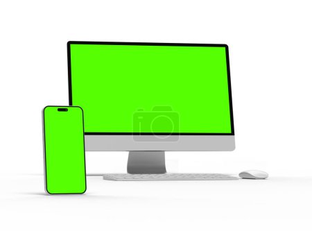 Render de bureau et téléphone avec un écran vert sur un fond clair 