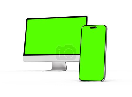 Verleih von Desktop und Telefon mit grünem Bildschirm auf hellem Hintergrund 