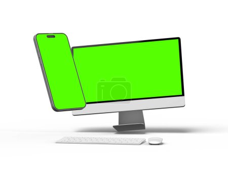 Render de bureau et téléphone avec un écran vert sur un fond clair 