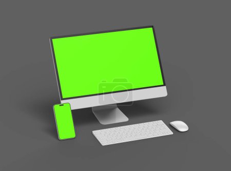 Render of desktop and phone with a green screen on a dark background 