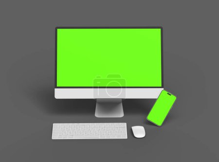 Verleih von Desktop und Telefon mit grünem Bildschirm auf dunklem Hintergrund 