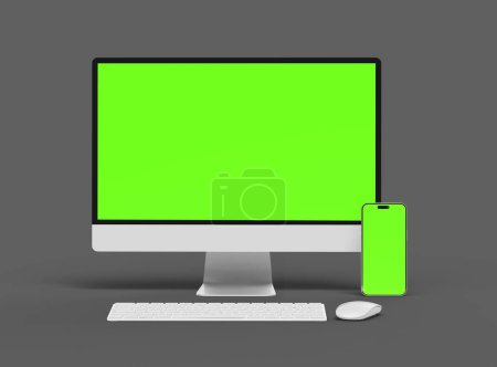 Render de escritorio y teléfono con una pantalla verde sobre un fondo oscuro 