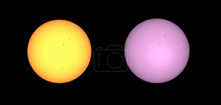 Téléchargez les photos : Le Soleil avec photosphère et taches solaires photographiées avec un télescope avec filtres solaires - en image libre de droit