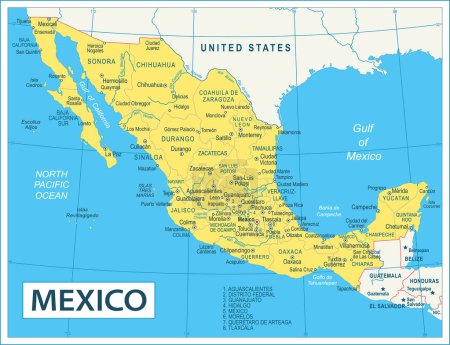 Téléchargez les illustrations : Carte du Mexique - illustration vectorielle très détaillée - en licence libre de droit
