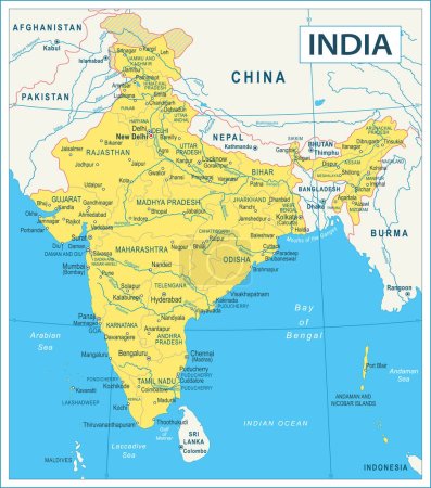 Téléchargez les illustrations : Carte de l'Inde - illustration vectorielle très détaillée - en licence libre de droit
