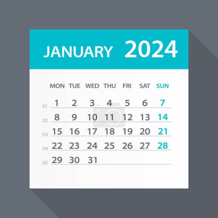 January 2024 Calendar Leaf - Vector Illustration. Week starts on Monday