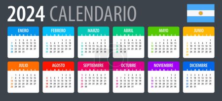 Téléchargez les illustrations : Modèle vectoriel de calendrier 2024 couleur - Version argentine - en licence libre de droit