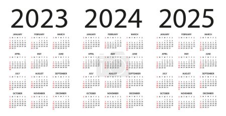 Kalender 2023, 2024, 2025 - Illustration. Die Woche beginnt am Sonntag. Kalender für 2023, 2024, 2025 Jahre