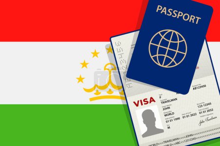 Téléchargez les illustrations : Visa pour le Tadjikistan et passeport. Drapeau tadjik arrière-plan vecteur - en licence libre de droit