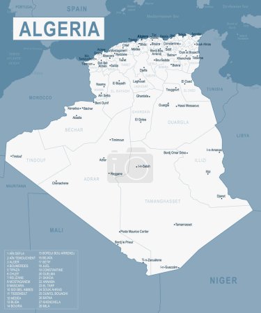 Mapa de Argelia. Ilustración vectorial detallada del mapa argelino. Plantilla de acción