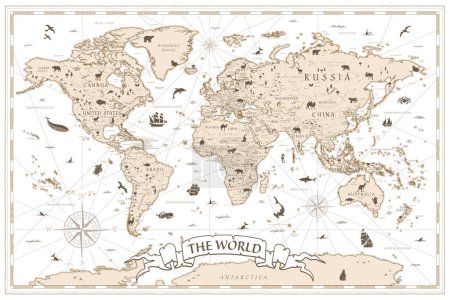 Ilustración de Mapa del mundo de dibujos animados antiguos Vintage detallado - ilustración vectorial con capas - Imagen libre de derechos