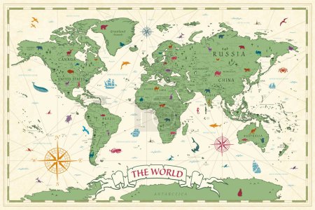 Ilustración de Mapa del mundo de dibujos animados antiguos Vintage detallado - ilustración vectorial con capas - Imagen libre de derechos