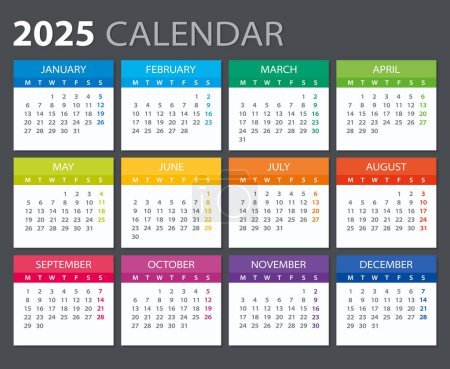 2025 calendar - Monday week start - Vector template