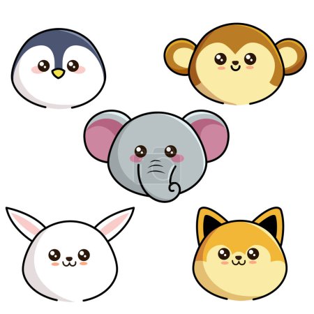 Illustration for Set of Cute head Animals on a white background - Royalty Free Image