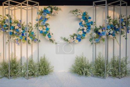Photo for Wedding backdrop flowers in white, green, blue, blue, purple tones - Royalty Free Image