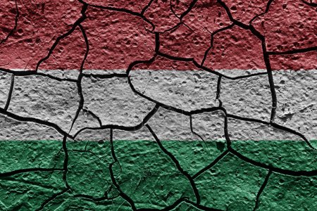 Téléchargez les photos : Hungary flag on a mud texture of dry crack on the ground - en image libre de droit