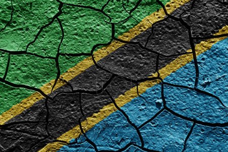 Téléchargez les photos : Tanzania flag on a mud texture of dry crack on the ground - en image libre de droit