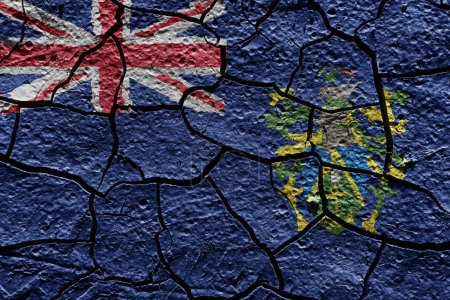 Téléchargez les photos : Pitcairn Islands flag on a mud texture of dry crack on the ground - en image libre de droit