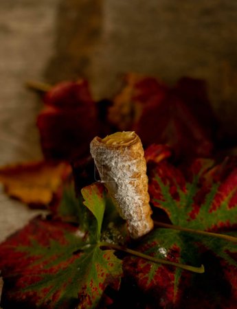 Téléchargez les photos : Gâteau feuilleté en forme de cône rempli de crème tenue par des feuilles d'automne - en image libre de droit