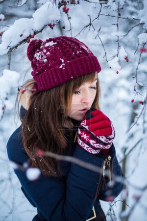 Foto de Venta de Navidad. Hermosa mujer en guantes rojos y sombrero en el fondo de invierno con bosque nevado y bayas rojas de rowan. Ropa de invierno y concepto de Año Nuevo. - Imagen libre de derechos