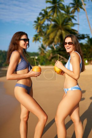 Foto de Los amigos comparten la risa, sostienen bebidas refrescantes junto al mar con palmeras, cielo azul claro en un ambiente relajado. Dos mujeres sonrientes en bikini disfrutan de bebidas frescas de coco en la soleada playa tropical. - Imagen libre de derechos