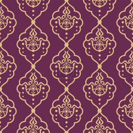 Illustration for Seamless ornamental royal damask pattern in golden color with stylized tulip motifs in Ottoman Kaftan style. Use for fashion design, home decoration, wallpapers, tapestry and digital backdrops - Royalty Free Image