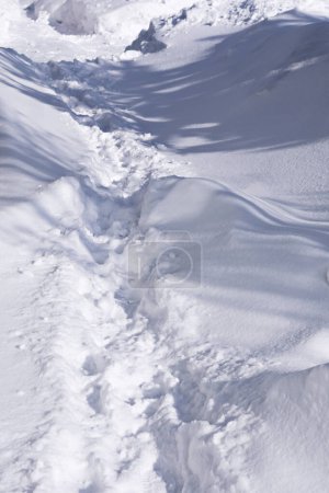 Téléchargez les photos : Le sentier d'empreintes humaines sur une neige blanche étincelant du soleil, une chute de neige soudaine, un fond contrasté de neige et d'empreintes de pas avec des ombres de midi ; texture verticale de la neige - en image libre de droit