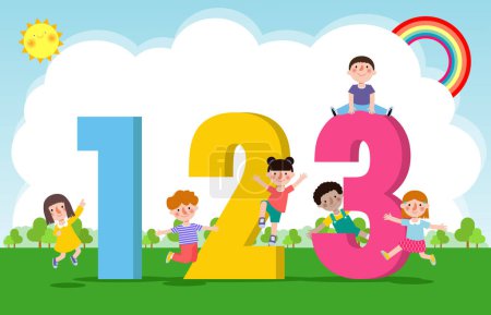 Illustration for Cartoon kids with 123 numbers, children with Numbers isolated poser background Vector Illustration - Royalty Free Image