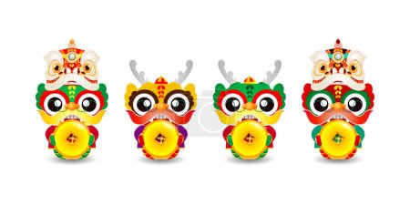 Illustration for Happy Chinese new year 2024 and group little dragon holding coins of gold, gong xi fa cai, the year of the dragon zodiac, Capricorn calendar, cute Cartoon isolated white background vector illustration - Royalty Free Image