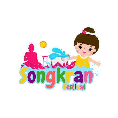 Ilustración de Feliz Festival de Songkran Año Nuevo tailandés, los niños disfrutan salpicando agua en Songkran, niños y pistola de agua, tradicional Día de Año Nuevo Vector Plantilla de ilustración Tailandia concepto de viaje. Traducción Songkran - Imagen libre de derechos