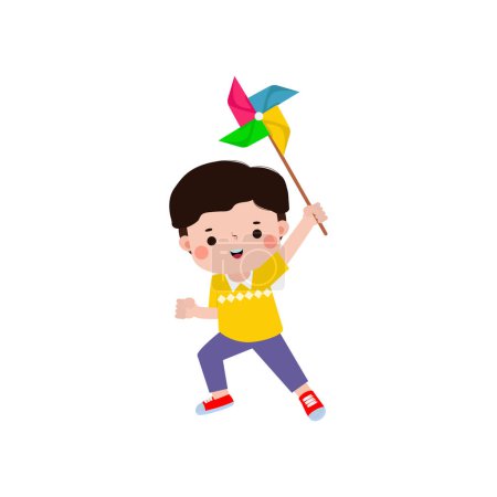 niedliche kleine Kind spielt mit einem bunten Windrad Spielzeug flachen Stil isoliert auf weißem Hintergrund Vector Illustration