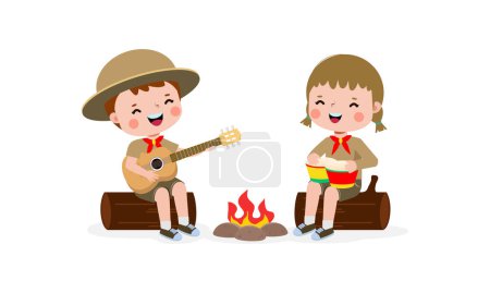 Cute little kids sitting on a log and playing guitar and bongo drums by campfire, boy scout or girl scout honor uniform, kids summer camp, Happy children cartoon flat character isolated vector